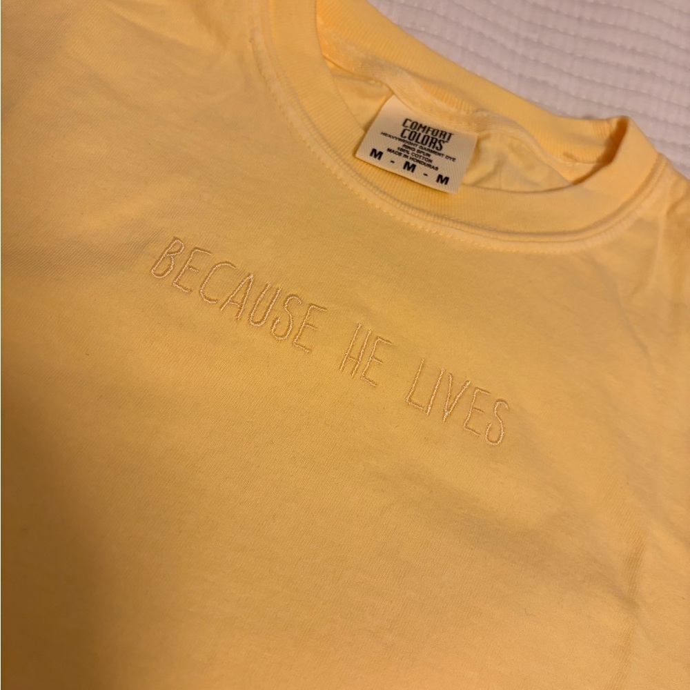 “Because He Lives” embroidered Graphic Tee